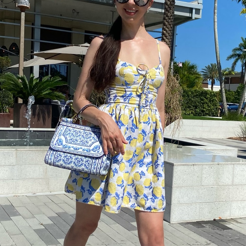 Lady’s bag, white and blue, no name, leather, like new condition.